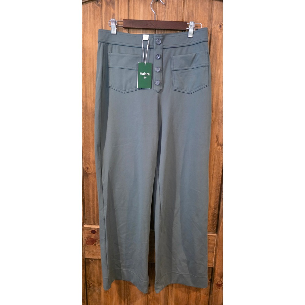 Halara Wide Leg Pants Womens Large Green NEW‎ False Button Front HaloTek Air